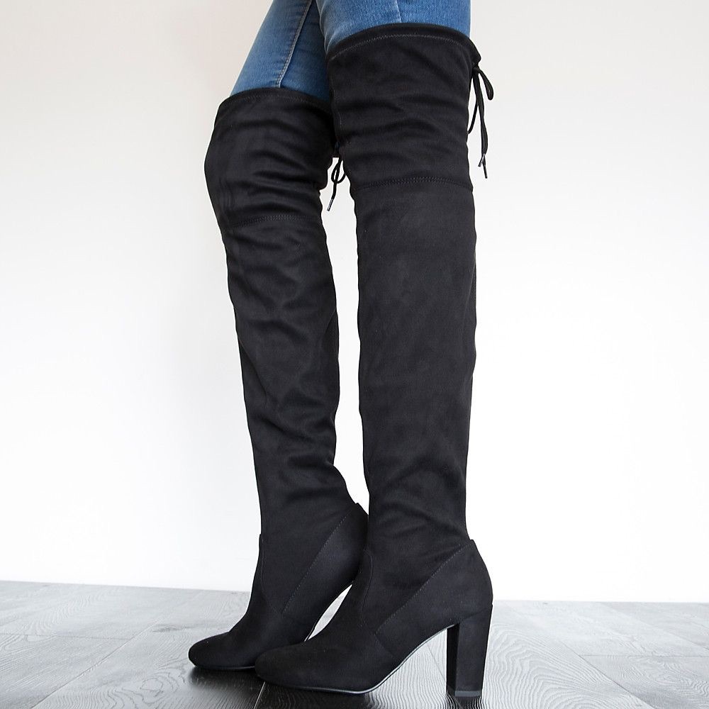 Black Over-The-Knee Stretch Suede Boots Size 9 Chunky Heel Thigh High